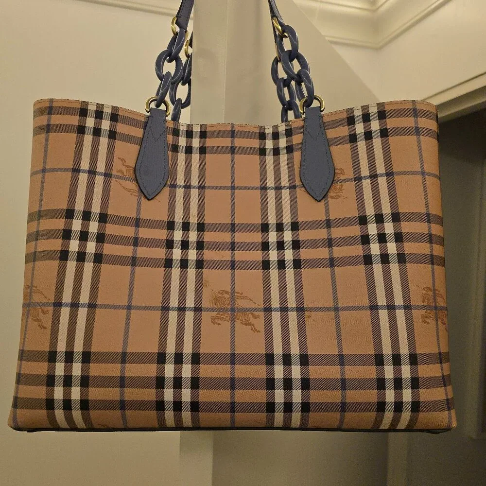 Burberry Medium Reversible Tote Haymarket Check Canvas & Slate Blue Leather